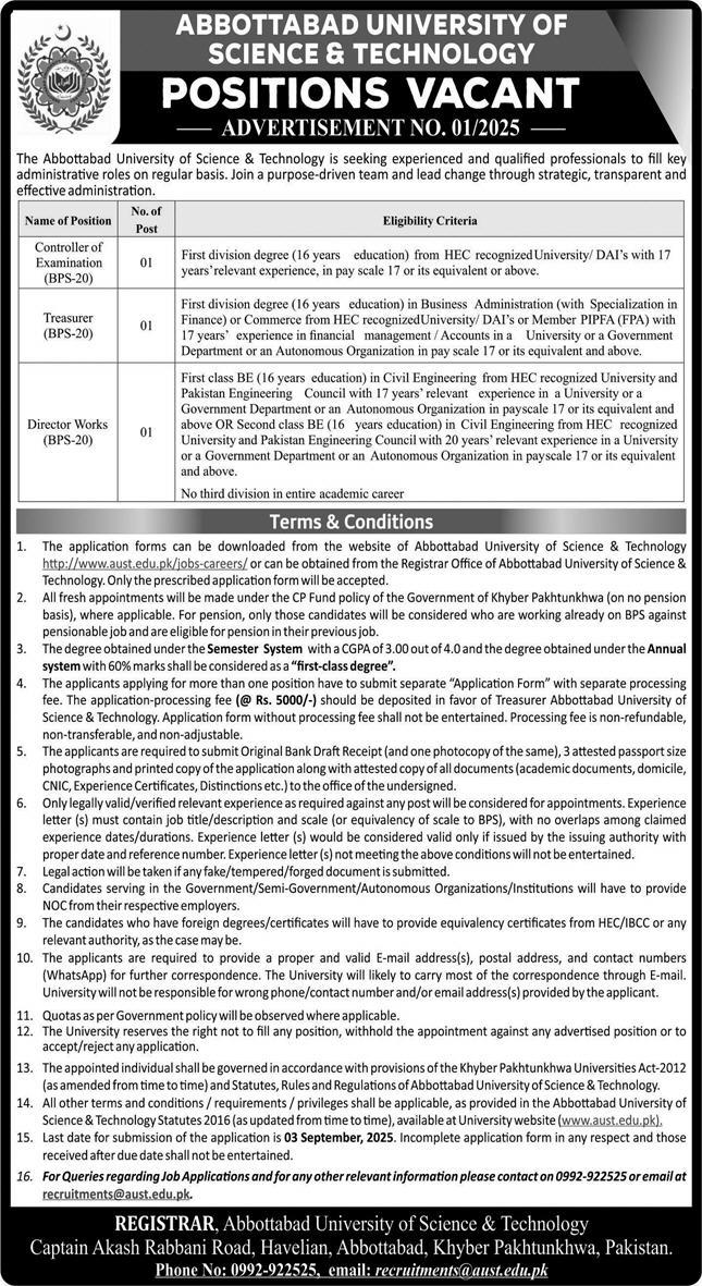 Abbottabad University of Science & Technology Jobs 2025